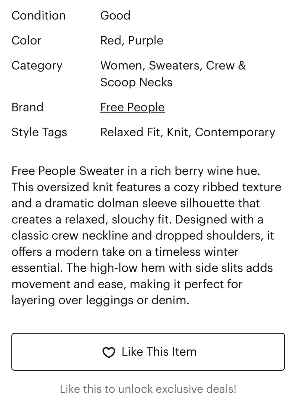 Free People Easy Street Tunic Sweater Burgundy